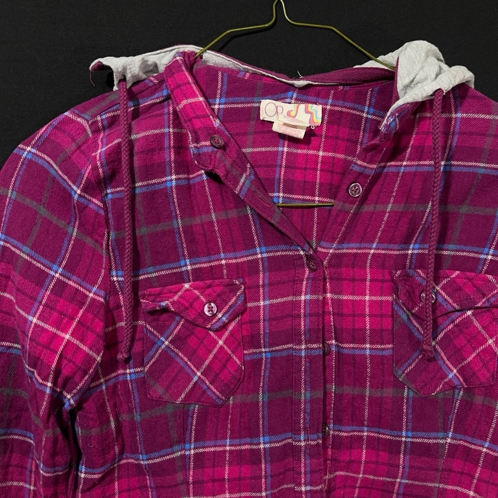 Op Ocean Pacific Women's Small 3/5 Pink & Gray Plaid Lightweight Flannel‎ Shirt - Picture 2 of 12